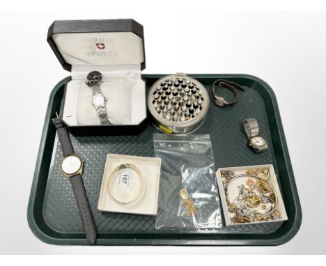 A 9ct yellow gold locket, together with two 9ct yellow gold chains, a 9ct gold-plated bangle, costume jewellery, watches, etc