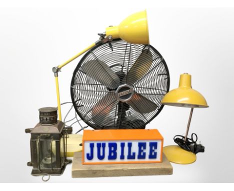 An angle-poise lamp, copper lantern, desk fan, etc (1 box)&nbsp;
