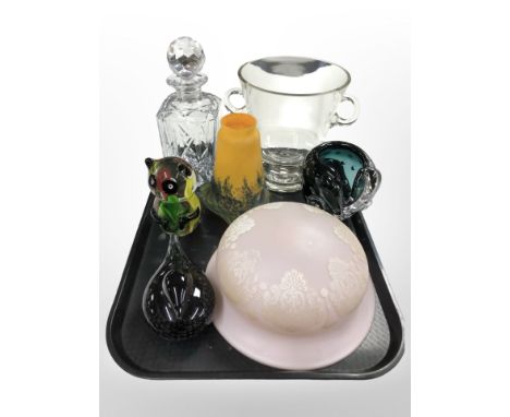 Two decorative glass light shades, three further studio glass paperweights, a decanter, and a wine cooler.