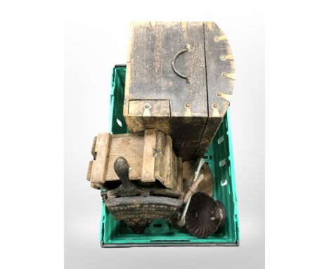 A brass-mounted domed trunk, a vintage pine crate, cast-iron bowl, a further cast-iron press, and a cast-iron Follows & Bate 