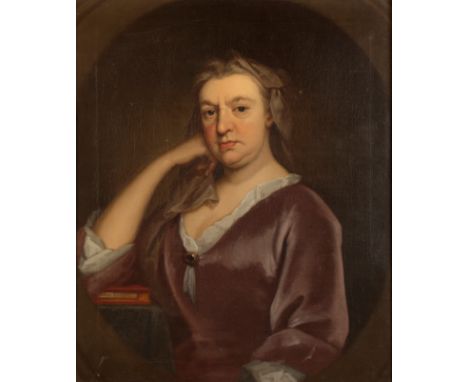 SIR GODFREY KNELLER (1646-1723) A portrait of a woman in a purple dress, half-length, her arm resting on a book,Â&nbsp;oil on