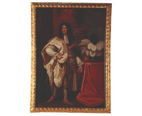 ENGLISH SCHOOL, late 17th century A full-length portrait of Charles II standing in an interior with a plumed headdress on a t
