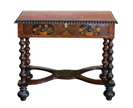 A WILLIAM AND MARY STYLE OYSTER WALNUT AND FLORAL MARQUETRY SIDE TABLE, the top with a bold ebonised reel-moulded border over