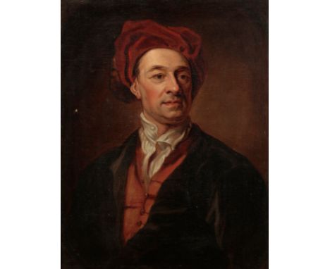 JOHN VANDERBANK (1694-1739) A portrait of a gentleman, half-length, wearing a red turban, brown jacket and open shirt,Â&nbsp;