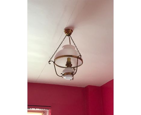 A 1930’S STYLE GLASS CEILING LIGHT, with another similar and a matched wall light, each with moulded glass shades and brass f