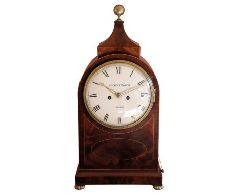 A LATE GEORGE III INLAID MAHOGANY BRACKET CLOCK by J. Collingwood, London, the arched case with satinwood stringing surmounte