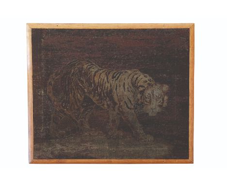 MARY LINWOOD (1755-1845) Two similar embroidered panels of tigers, one prowling and one lying down. The tiger lying down 132c