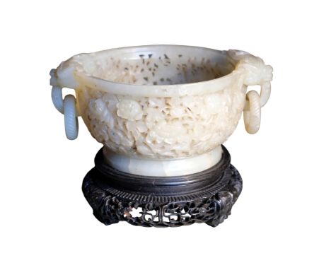 CARVED PALE CELADON JADE 'LOTUS' CENSER, Qing, the reticulated sides finely carved with blossoming lotus and scrolling tendri