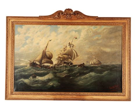 DUTCH SCHOOL, 19TH CENTURY Shipping off the coast in full sail on squally seas, inscribed 'Thom van Wick, van Rottadam, 1819'