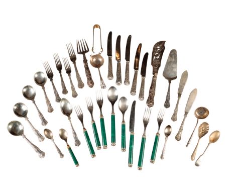 A LARGE COLLECTION OF MIXED SILVER PLATED FLATWARE, including a set of faux malachite and silver-plated knives and forks and 