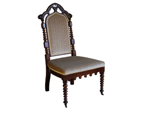 A VICTORIAN MAHOGANY GOTHIC REVIVAL DRESSING CHAIR, with bobbin-turned frame, pierced back and upholstered seat, on bobbin-tu