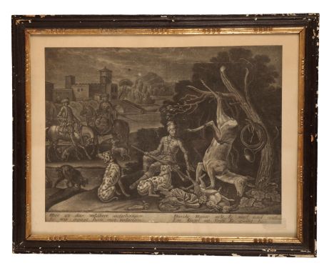 TOBIAS HEINRICH THOMANN VON HAGELSTEIN (c. 1700-1765) A pair of deer hunting scenes, each with inscriptions below, mezzotint 