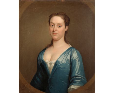 HAMLET WINSTANLEY (1698-1756) A portrait of a young lady, half-length, wearing blue silk gown with brown parted hair,Â&nbsp;o