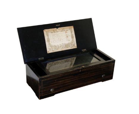 A SWISS ROSEWOOD AND MARQUETRY CYLINDER MUSIC BOX, playing eight airs, with a label inscribed "Et Ouffoirs en Acier" no. 1342
