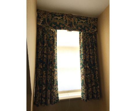 A SET OF CURTAINS IN TEAL WITH FLORAL PRINT, with a set of pink curtains, and a short set of curtains in white floral designs