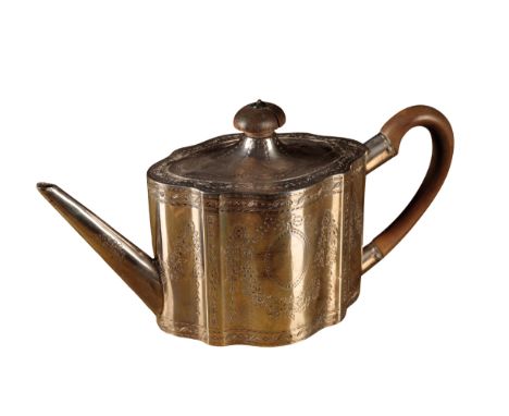 A GEORGE III SILVER TEAPOT, by John Denzilow, London, 1783, with an armorial to each sides and decorated with a surround of l