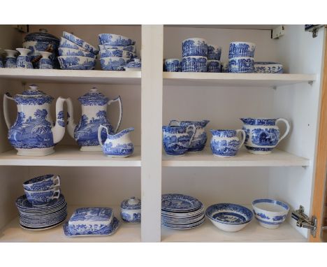 A COLLECTION OF COPELAND SPODE "ITALIAN" BLUE AND WHITE BREAKFAST WARES including coffee pots and covers, milk jugs, cups and