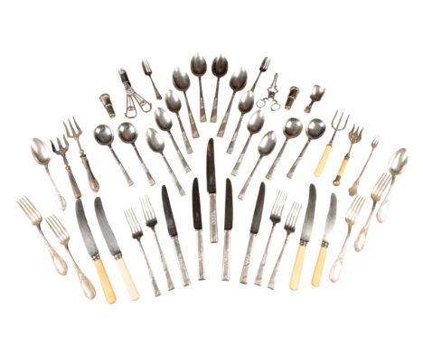 A COLLECTION OF SILVER PLATED FLATWARE, including 'bone' handle cutlery and other associated silver-plated items (a collectio