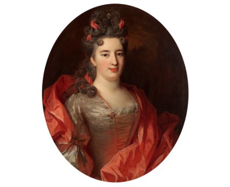 STUDIO OF NICOLAS DE LARGILLIERE (1656-1746) A portrait of a young lady, with dÃ©colletÃ© gown and red silk shawl, hair in ri