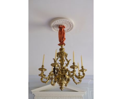 AN IMPORTANT ORMOLU SIX-LIGHT CHANDELIER in the manner of Andre-Charles Boulle, with ring-suspension above a central urn stem