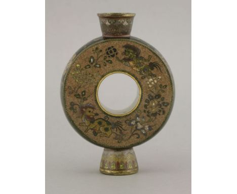 A cloisonné Ring Vase,c.1885, the body with dragons and pearls on an aventurine ground, the reverse with kyrin, the sides wit