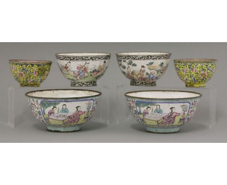 Three pairs of famille rose Canton enamel Bowls,18th century, the largest pair painted on the exterior with two panels enclos