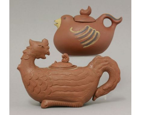 Lots 99 to 108A Single Owner Collection of Yixing TeapotsA cockerel Pot and later Cover,20th century, with moulded feather bo
