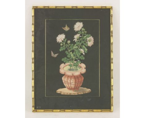 Two gouache paintings, c.1900, one with peony growing from a celadon drum shaped stem bowl with Buddhist lion and ring handle