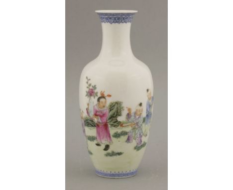 A famille rose eggshell Vase,Republic period (1912-1949), painted with boys playing in a garden beneath an inscription, four 