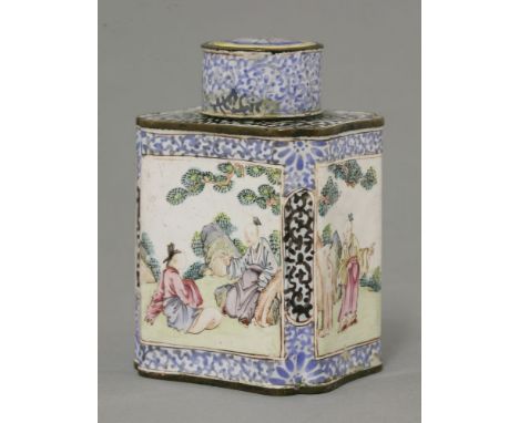 A famille rose Canton enamel Tea Caddy and Cover,18th century, of rectangular form, the four sides each painted with a panel 