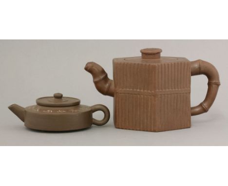 An hexagonal Pot and Cover,the sides moulded with bamboo stems, terminating in cut stalks on the shoulder, bamboo spout and h