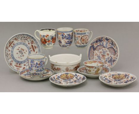 A small collection of English decorated Porcelain,18th century, comprising: a tea bowl and saucer,a sentry box saucer,a pair 