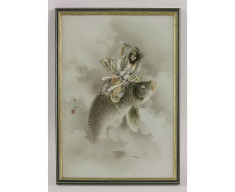 A Yokohama ceramic panel, of a Daoist figure riding a carp amongst clouds, his robes with gilded roundels, 38 x 26.5cm