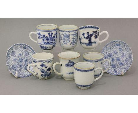 Three blue and white Coffee Cups,c.1760, each painted in underglaze blue with complex ribbons, flowers and insects, women and