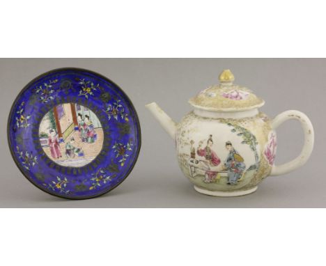 A finely enamelled Teapot,c.1770, with panels of a lady painting a fan and boys in a garden with a bird and dog, against a ti