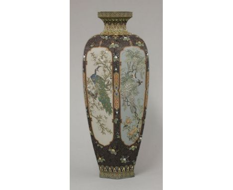 A fine gold- and silver-wire cloisonné Vase,c.1900, by Namikawa Yasuyuki or Tamura, of tall hexagonal section, each facet wit