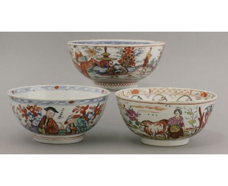 Three Dutch decorated Bowls,Qianlong (1736-1795), one decorated with a figure in a red gown with two attendants, surrounded b