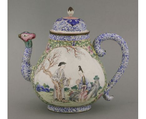 A rare Canton enamel Teapot and Cover,mid-18th century, the pear body painted with lobed panels of figures in gardens reserve