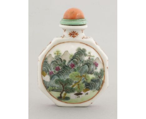 A famille rose Snuff Bottle, Republic period (1912-1949), painted with houses within a mountainous landscape, the neck and si