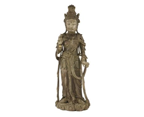 A painted wood figure of a standing Bodhisattva, 19th century or later, the deity attired in a necklace, shawl and long scarv