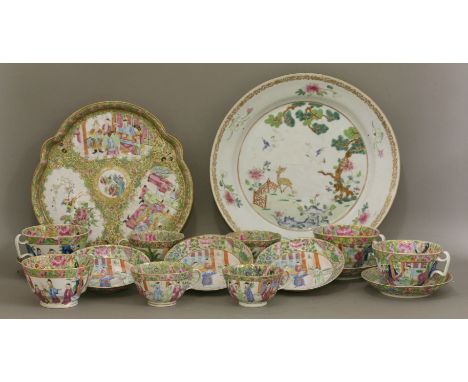 Canton Enamels,mostly late 18th-early 19th century, each piece with borders of flowers on a gilt ground, some with fruit and 