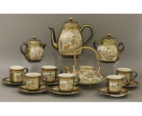 A 'Satsuma' part Coffee Service,c.1900, comprising six coffee cans, five saucers, plus one distressed, a coffee pot, cream ju