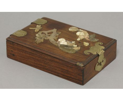 A hongmu Cosmetics Box,c.1900, the lid onlaid in ivory, soapstone and mother-of-pearl with three boys playing above a butterf