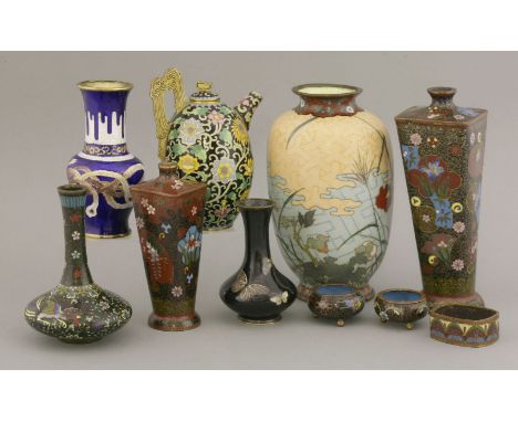 Cloisonné, late 19th century, two square section vases, an ovoid vase with water plants, a Chinese ewer and cover, six small 