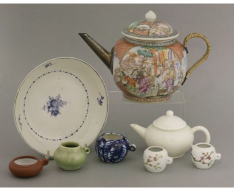 Miscellaneous, a finely enamelled teapot and cover, c.1760, with figures on terraces, Espir no. 209, a saucer, c.1790, enamel
