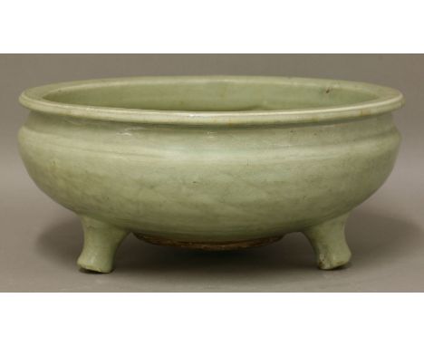 A longquan celadon Censer,15th century, the squat body moulded with diaper and on three stub feet, dressed overall in a craze