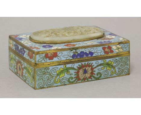 A cloisonné Box and Cover,20th century, the top inset with an oval shaped jade plaque carved with two of the Eight Buddhist E