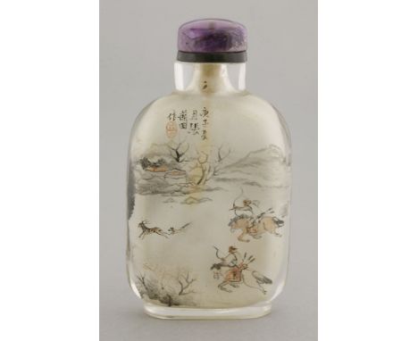 An inside-painted glass Snuff Bottle,signed Zhang Baotian, dated year of Gengzi (1900), of rectangular form, painted with a c