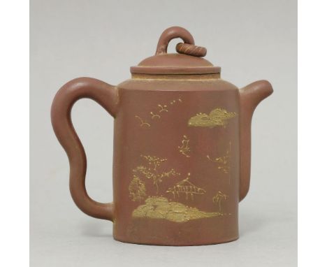 A Yixing Teapot, 19th century, the cylindrical body delicately slip trailed in yellow with buildings and trees on one side, t