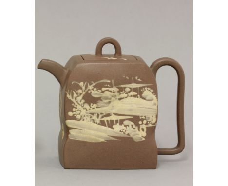 An enamelled Yixing Teapot and Cover,mid-18th century, the square section lobed body boldly painted with bamboo and other flo